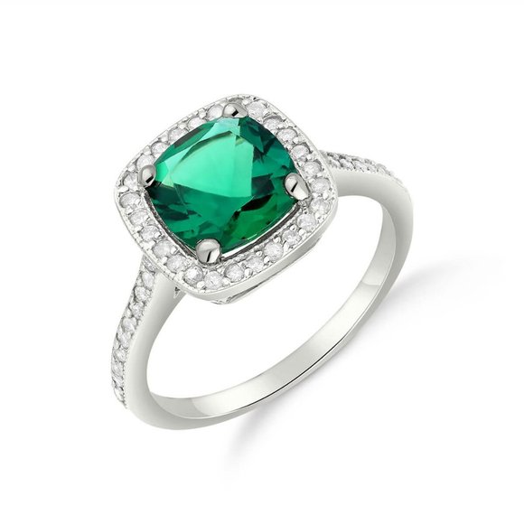 14K GOLD RING W DIAMONDS & LAB. CREATED EMERALD - Picture 2 of 5